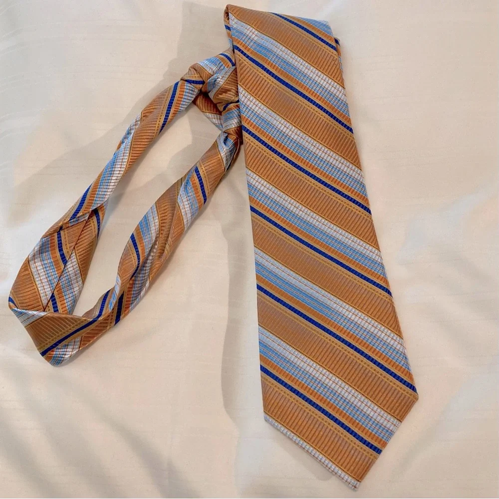 Impermeable by Weatherproof Orange & Blue Striped Boys Tie 100% Silk Handmade